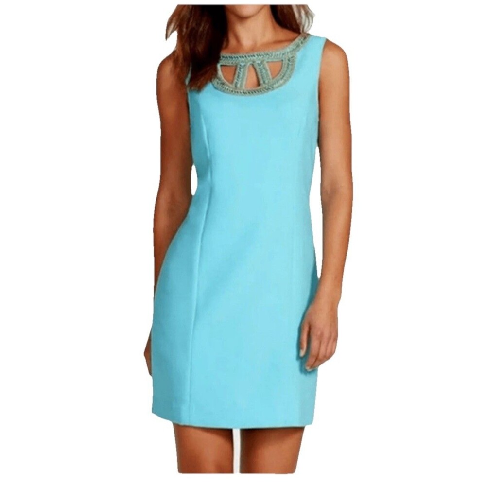 Lilly Pulitzer solid blue beaded cutout neckline shift dress size 0